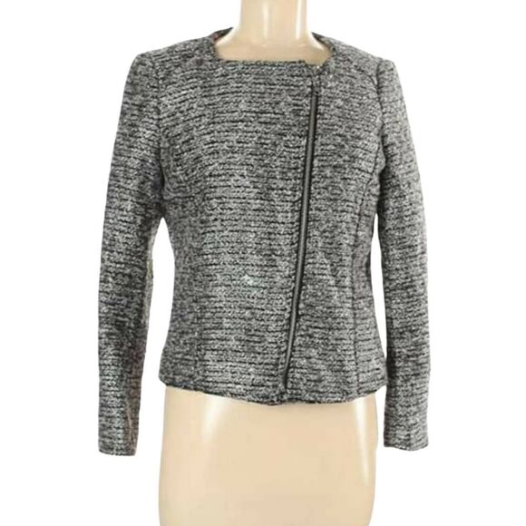 H&M Women's 8 Metallic Silver Heavyweight Boucle Tweed Zip Up Motorcycle Jacket - Picture 13 of 15
